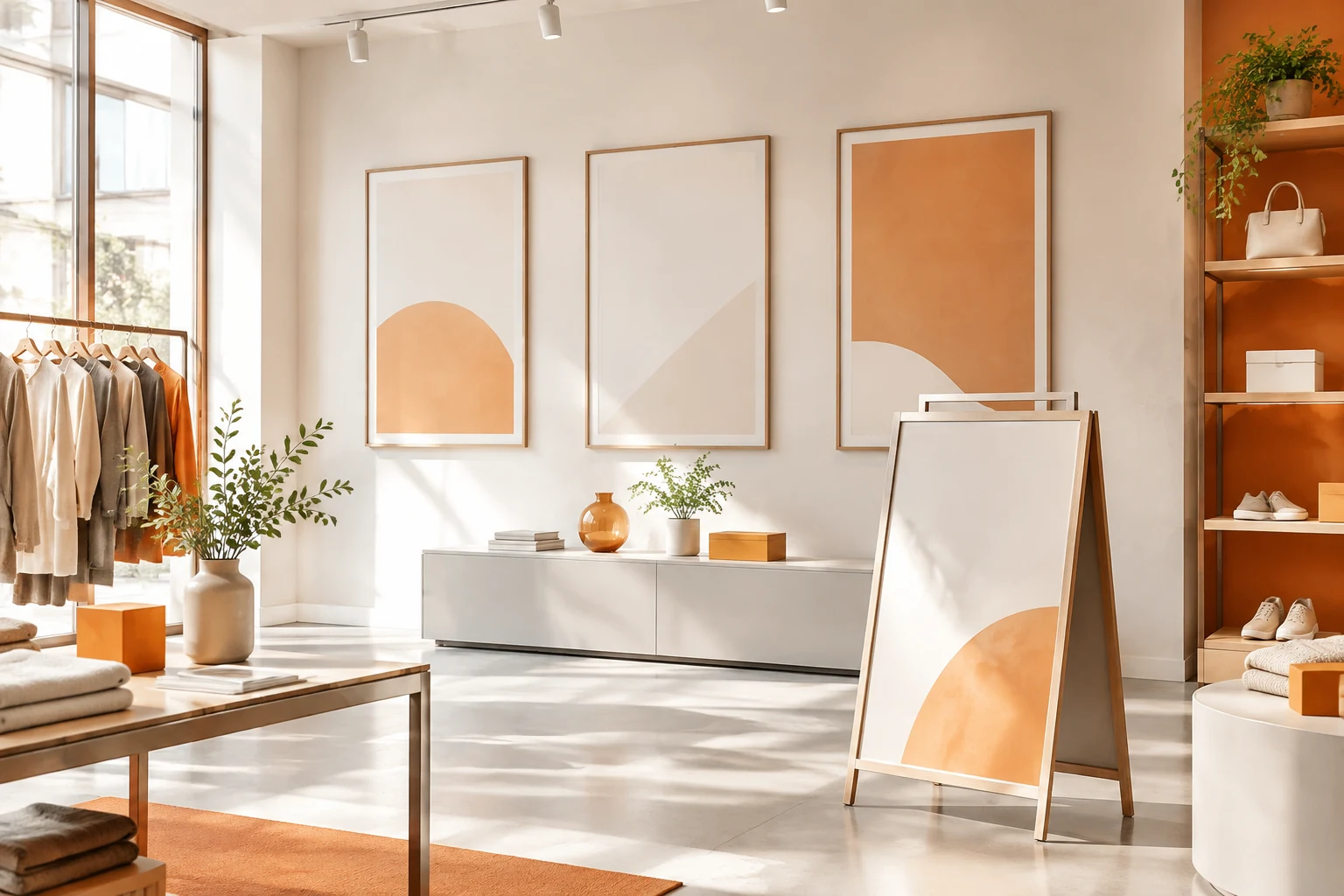 Retail shop interior with blank advertising display frames