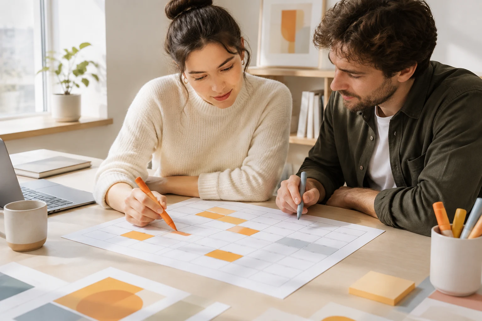 Two colleagues planning an advertising schedule at a desk