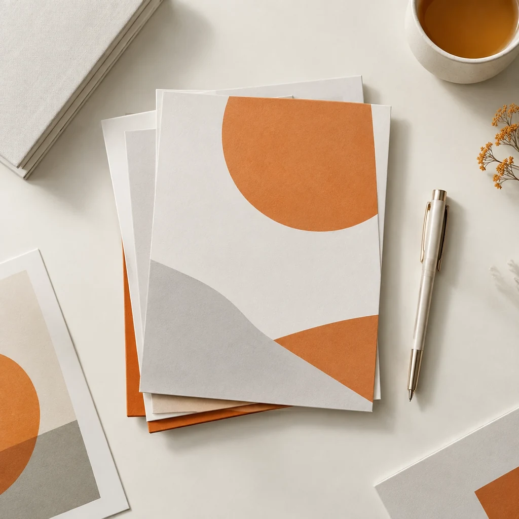 Minimal still-life of printed advert mock-ups on a plain surface