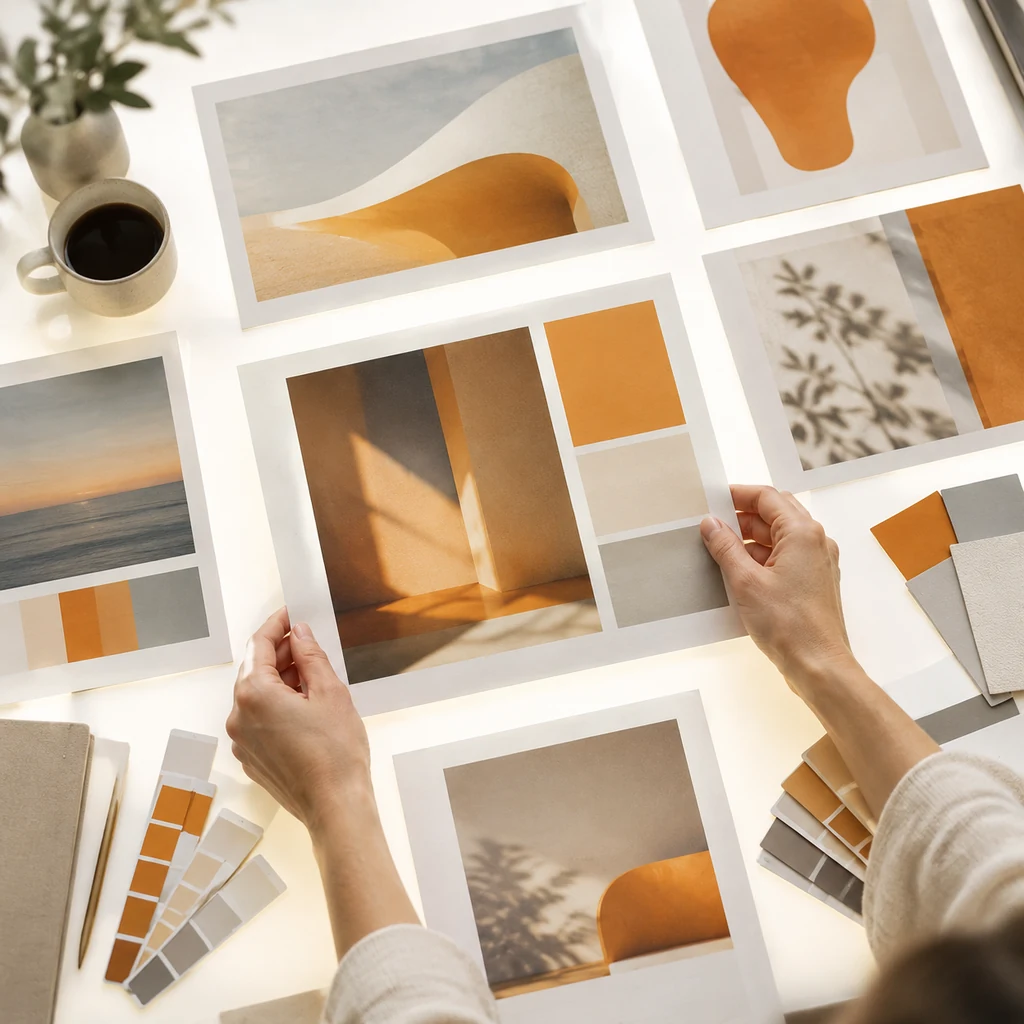 Hands arranging printed advertising layouts on a light table