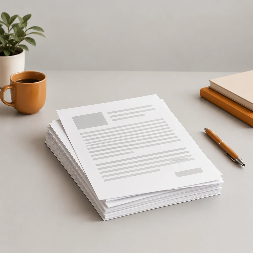 Printed advertising copy drafts stacked on a plain surface