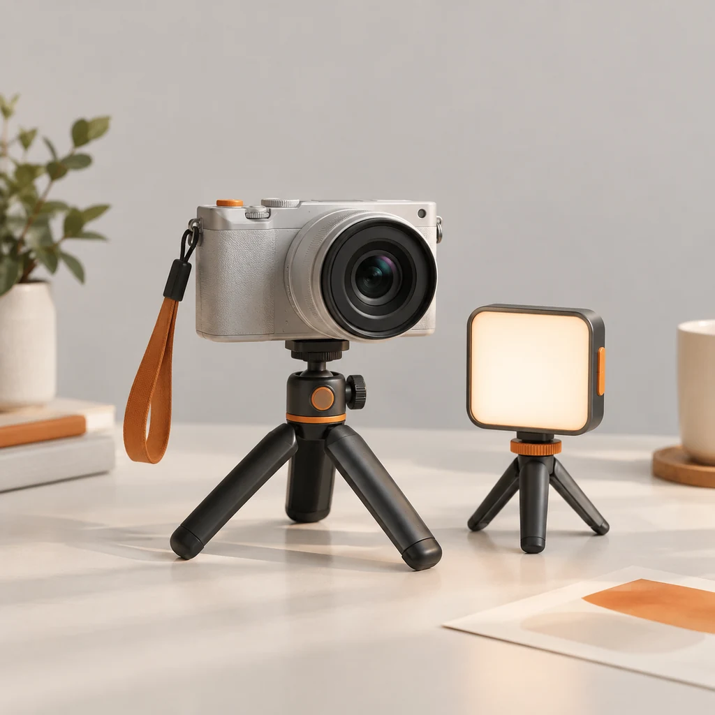 Compact video camera and lighting kit arranged on a plain backdrop