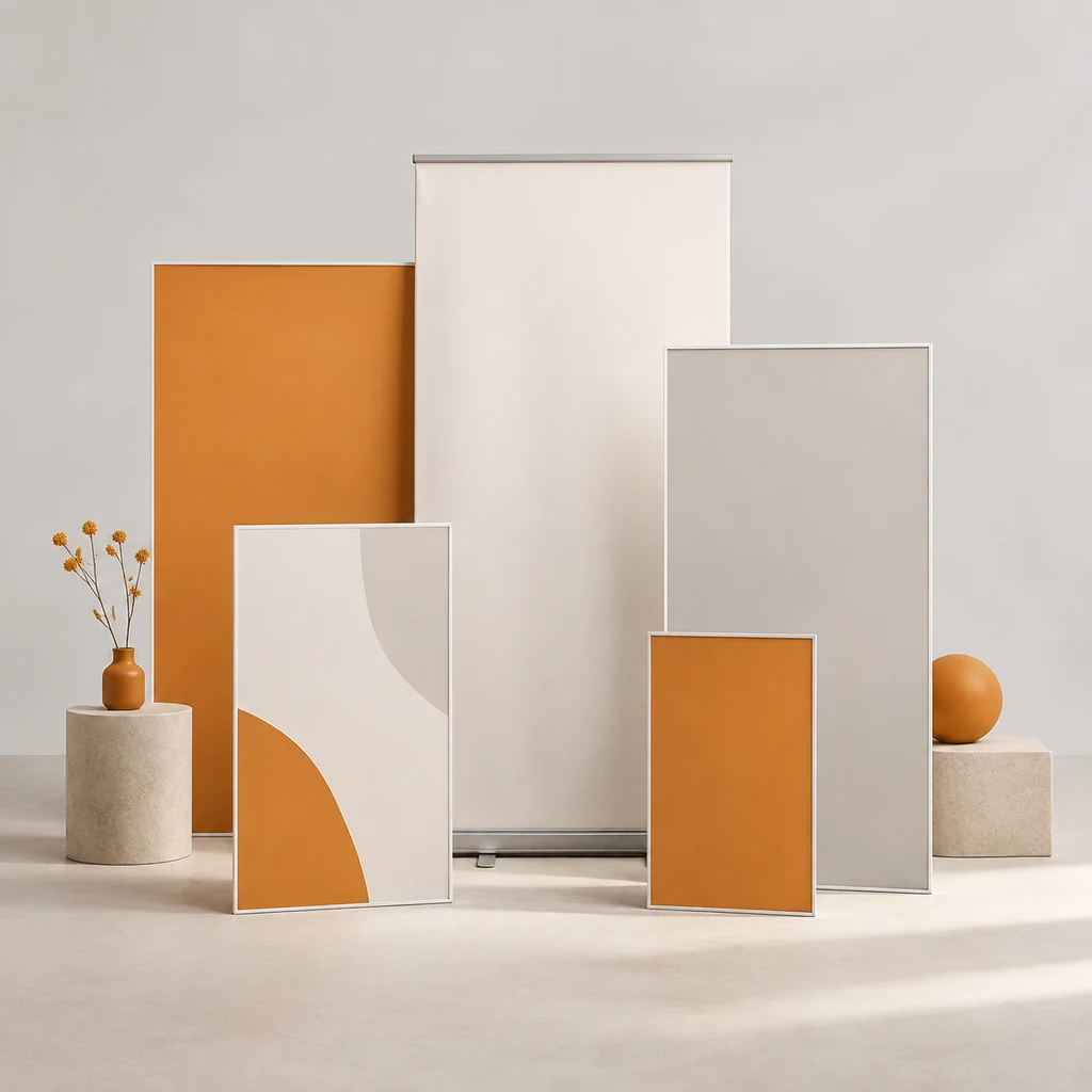 Display banner mock-ups in several sizes on a neutral background