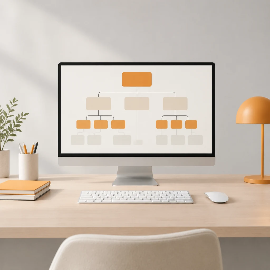 Monitor showing a paid search campaign structure on a clean desk
