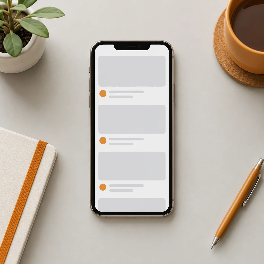 Phone on a plain surface showing a blank social feed layout