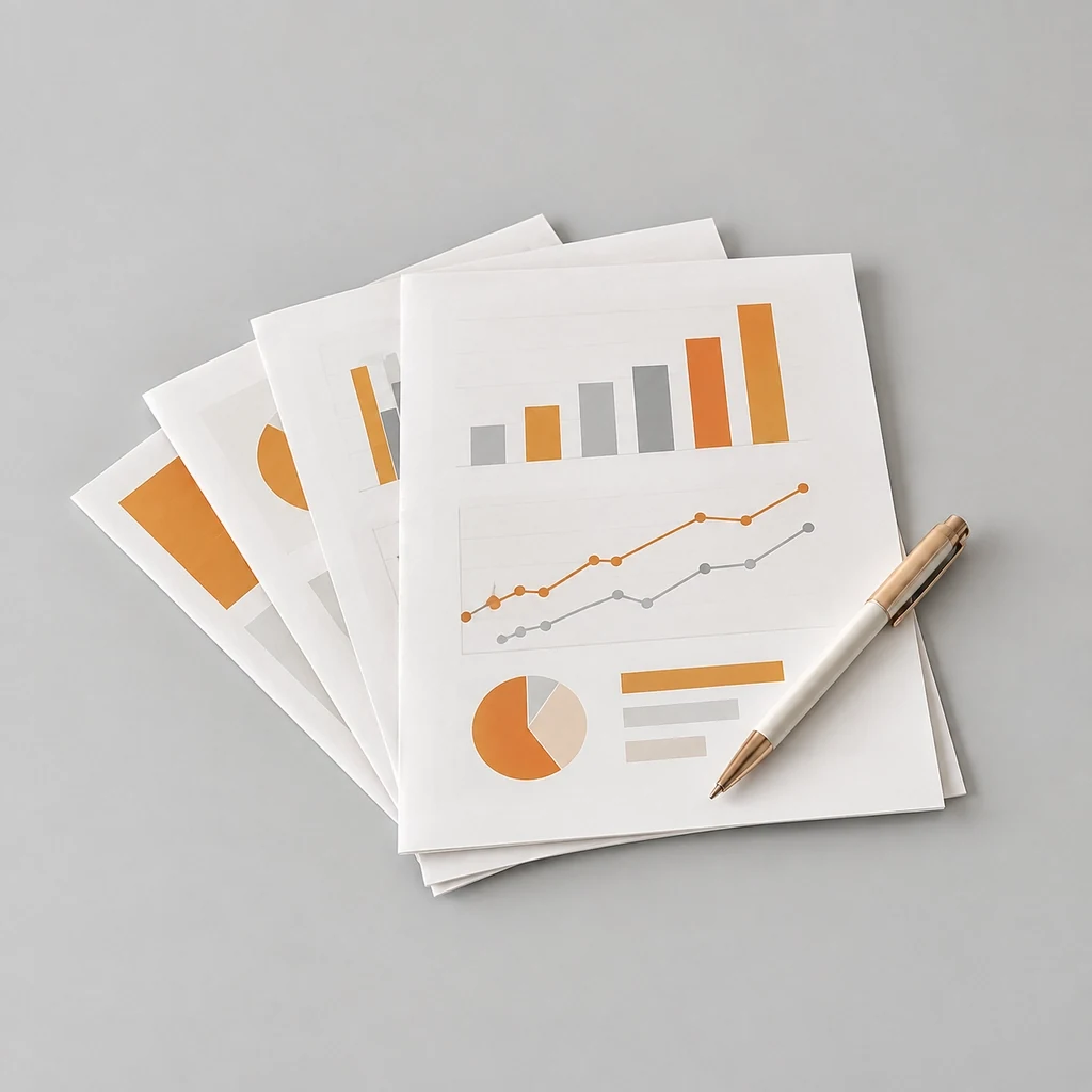Printed report pages with blank charts on a neutral background