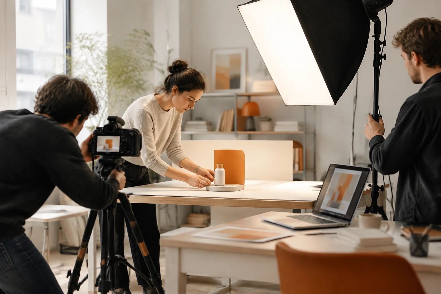 Film crew lighting a product for a short advertising video