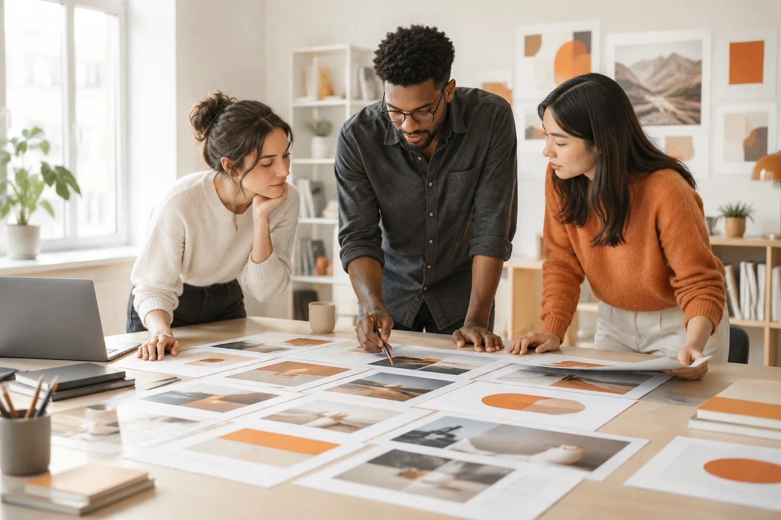 Creative team reviewing printed campaign storyboards on a studio table