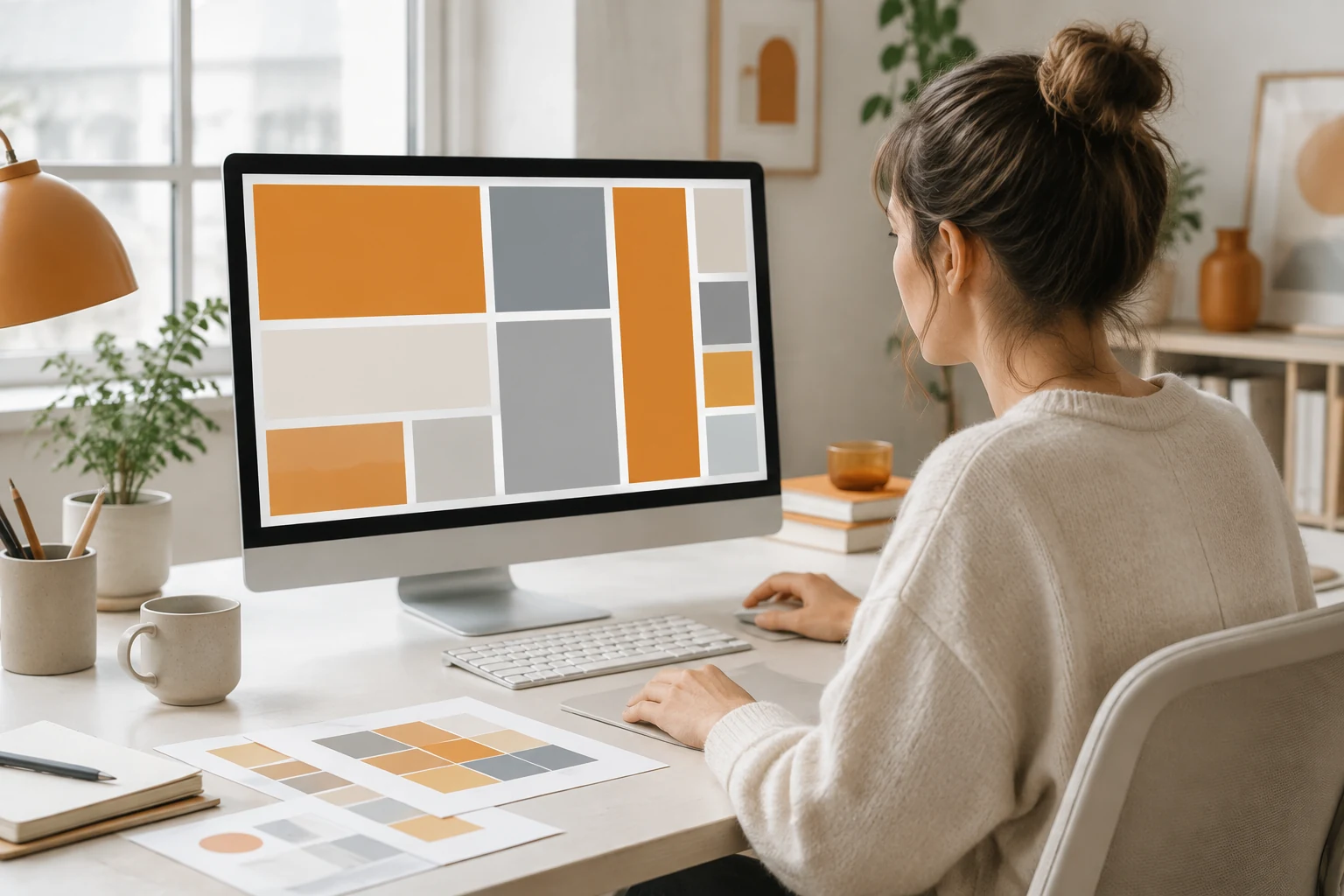 Designer laying out advertising banner artwork on a large screen