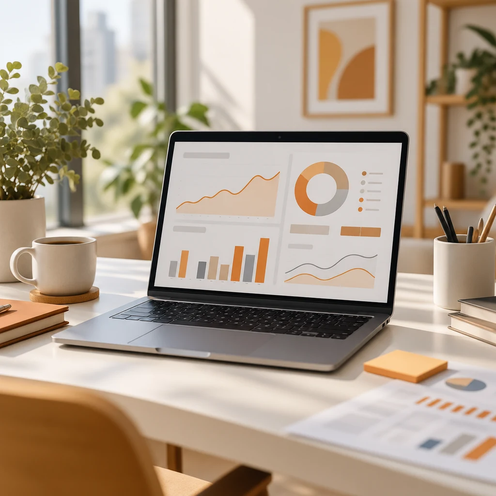 Laptop screen with an advertising dashboard and spend chart