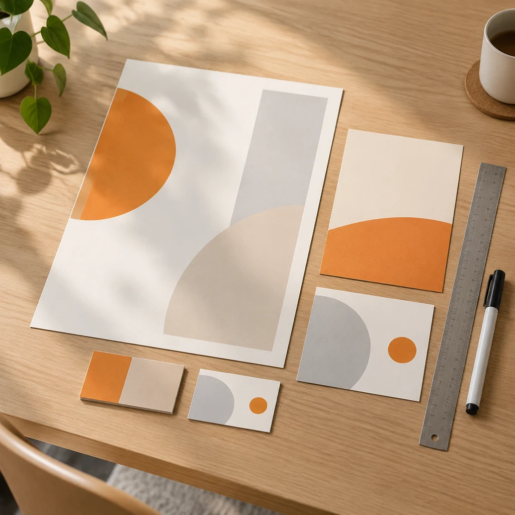 Printed poster and leaflet mock-ups arranged on a desk
