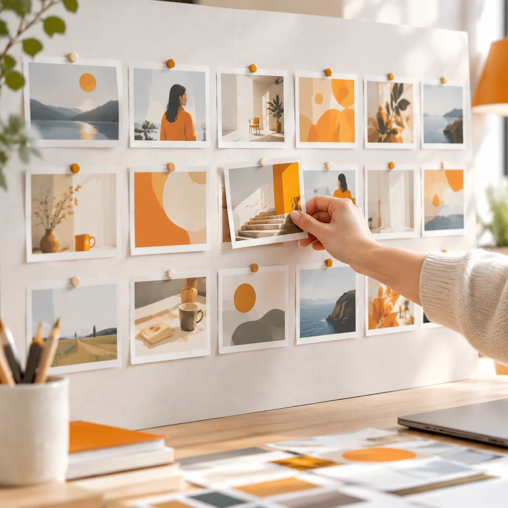 Storyboard frames and creative variations pinned to a board